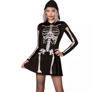 Spirit Halloween Women’s Size Small Black & Silver Hooded Skeleton Dress